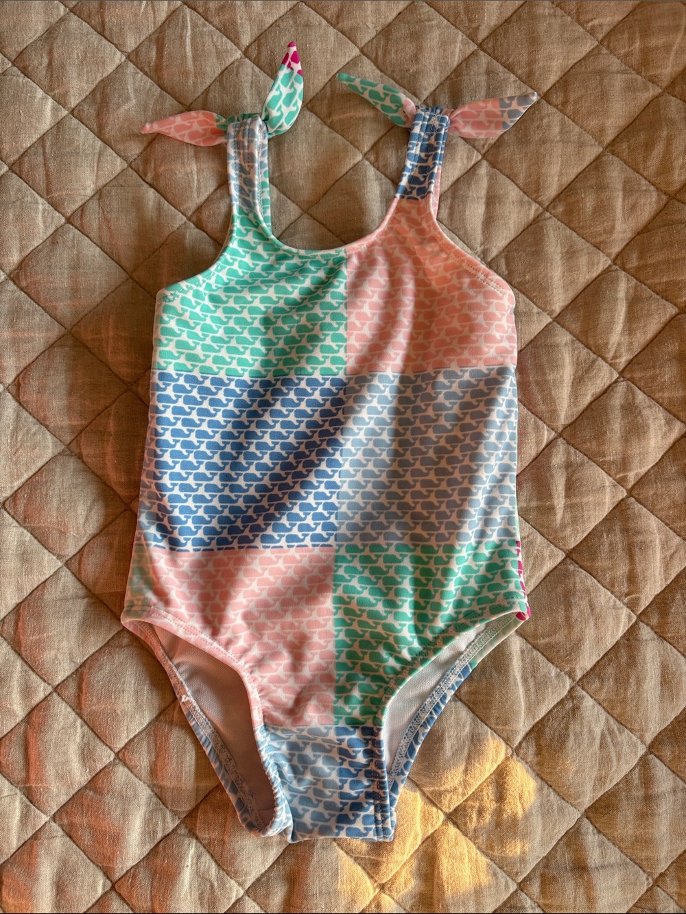 Vineyard Vines Kids One-Piece Swimsuit in Mint, Pink & Blue Whale Patchwork